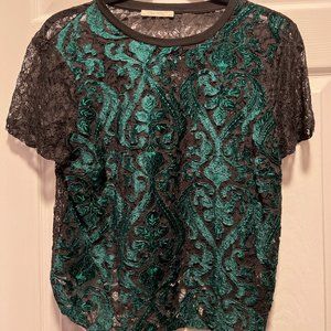 Zara Trafaluc Womens Lace Crop Top Green Crew Neck Short Sleeve